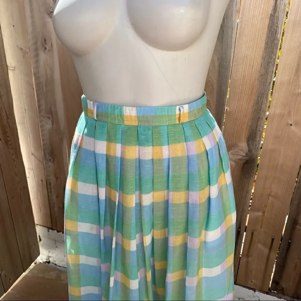 Vintage 70’s Pastel Blue green Yellow White Plaid Pleated Midi Skirt